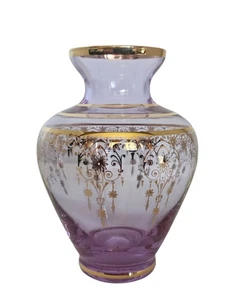 VTG VENETIAN VASE VECCHIA MURANO GLASS LAVENDER PURPLE 24K GOLD GILT TRIM  - Picture 1 of 10