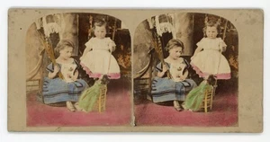 Victorian Tinted Stereoview "Naughty Dolly" Two Children With Doll J.Elliott - Picture 1 of 2