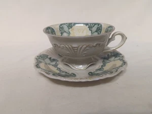 Schwarzenhammer Footed Teacup & Saucer - Green, Ivory, Yellow - Picture 1 of 5