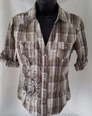 Camisa Top Blusa Bongo Mujer Talla M Mediana Verde Blanco Negro Floral A Cuadros Foto 1 de 4