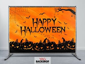 Halloween Theme Party Backdrop, Bats Pumpkins Witch Hats Orange Color Background
