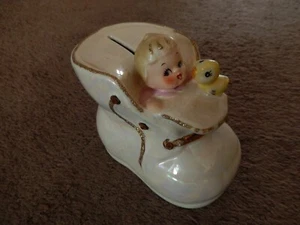 Vintage Lefton Bank Baby Bootie Shoe Baby And Chick Made in Japan #1342 - Picture 1 of 21