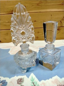 VTG Clear Cut Glass Perfume Bottles Lot 2 Crystal Multi-Faceted Stopper 7"