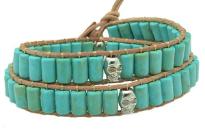 Silver Tone Skull Leather Double Wrap Bracelet Beaded Turquoise Howlite NEW - Picture 1 of 5