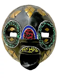 Vintage African Hand Carved Wood Glass Beads Brass Inlay Baluba Moon Tribal Mask - Picture 1 of 20