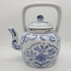 Vintage Blue And White Ceramic Teapot Fixed Handle 7" Tall Excellent Condition