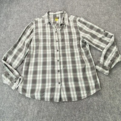 Camisa Cabelas para mujer grande gris verde a cuadros con botones manga enrollable exterior Foto 1 de 4