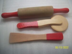 Vintage Kids Clay Sculpting Tools Wooden Play Dough Rolling Pin Wheel Cutter 