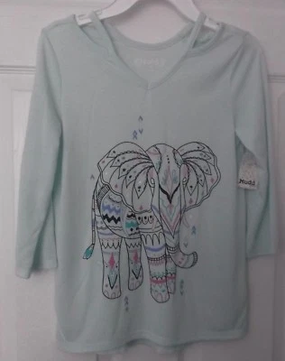 MUDD GIRLS' 3/4 SLEEVE GREEN TOP - ELEPHANT - CUT OUT - SIZE 10 - NEW WITH TAGS - Image 1 of 4