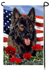 Patriotic Flowers Garden Flag - Brown Plush German Shepherd - Picture 1 of 1