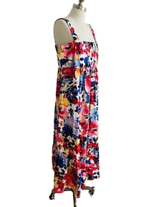 NWOT London Times Square Neck Floral Maxi Tiered Smocked Coral Dress 14 - Picture 1 of 6
