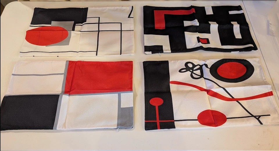 Juego de 4 Fundas de Almohada Geométricas Abstractas 18"x18" Arte Moderno Decoración Negro Rojo Foto 1 de 1