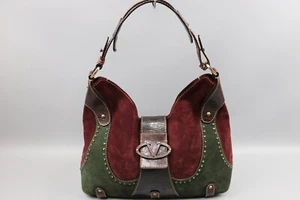 VALENTINO CARAVANI Womens Green/ Burgundy Suede Leather Hobo Hand bag Size M - Picture 1 of 24