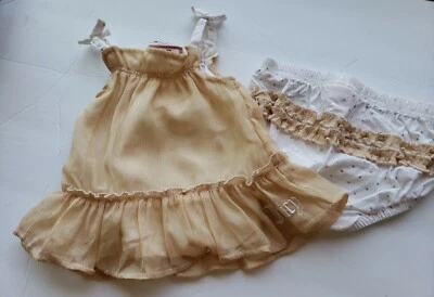 Juicy Couture Chiffon Gold Polka Dots Baby Dress & Bloomers Size 12 Months - Image 1 of 4