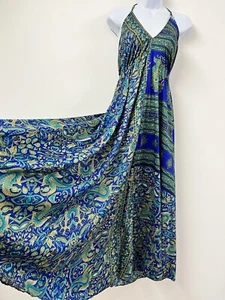 Blue Boho Dress Long Summer Holiday One Size Maxi Vintage Hippie Indian Paisley - Picture 1 of 14