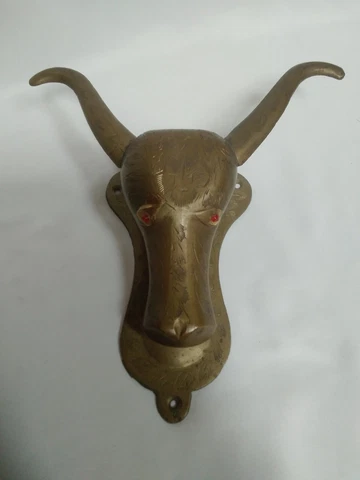 Vintage Solid Brass Texas Long Horn/ Bull Door Knocker w Ruby Red Eyes (india) Cover