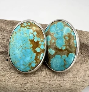 Vintage Huge Oval Turquoise Sterling Silver Earrings - Picture 1 of 11
