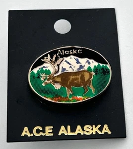 A.C.E Alaska Souvenir Lapel Pin Moose Mountain Forest Scene Land - Picture 1 of 3