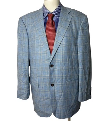 Paul Fredrick  Sport Coat Jacket Blue Glen Plaid 2 Button SILK  Wool Men's 44R - Image 1 of 4