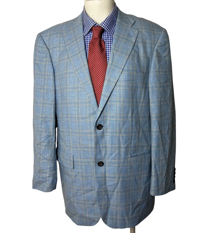 Paul Fredrick  Sport Coat Jacket Blue Glen Plaid 2 Button SILK  Wool Men's 44R - Image 1 of 4