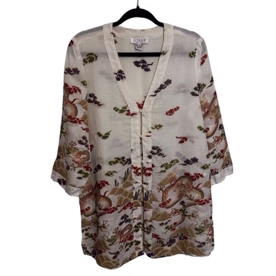 Blusa Citron Santa Monica Mediana Lino Dragón Top Abotonada Arte Asiático Cuello en V Foto 1 de 4