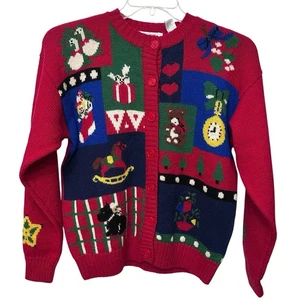 Vintage Womens Red 100% Wool Christmas Ugly Cardigan Sweater Size Medium - Picture 1 of 7