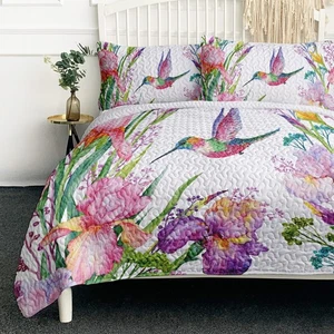 Tropical Birds Quilt Set Queen Size, Watercolor Hummingbird Flowers Pattern B... - Picture 1 of 7