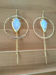 Gold Hoop Framed Quartz Arrowhead Earrings - Picture 1 of 3