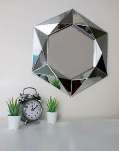 Silver Diamond Wall Mirror Round Hanging Geometric Unique Home Decor Living Room - Picture 1 of 7