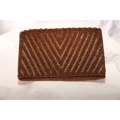 Cartera sin asas vintage años 70 Saks Fifth Avenue marrón totalmente con cuentas forrada de satén Foto 1 de 4