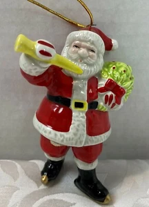 Vintage Schmid Santa Ornament Porcelain Ceramic Korea Skating Horn Bag - Picture 1 of 6