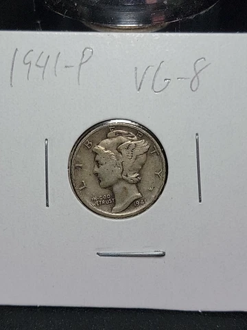 1941 P Mercury Silver Dime in Very Good Circulated Condition in Coin-Flip Cover