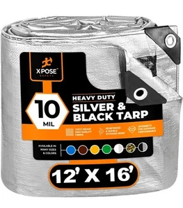 12' x 16' Heavy Duty Silver/Black Poly Tarp Cover Tent RV Boat Tarpaulin - Picture 1 of 8