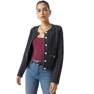 WHBM White House Black Market Langarm Tweed Strickjacke Navy Größe L - Bild 1 von 14