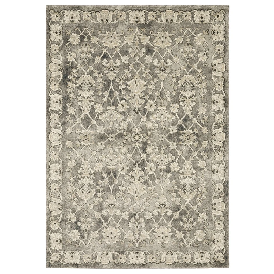 2x7 Sphinx Grey Scrolls Faded Petals Bordered Runner 1002E - Aprx 2' 3" x 7' 6" - Image 1 of 1