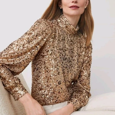 ANN TAYLOR Women's L Gold Sequin Mock Neck Popover Blouse Holiday Festive NWOT - Image 1 of 4