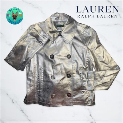 Ralph Lauren LRL Mujer Mediana Plateada Metálica Moto Chaqueta Ancla Abotonada Abrigo Foto 1 de 4