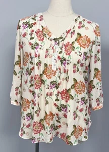 Rose Olive Top Plus 1X Cream Floral Pintuck Chiffon Button Popover 3/4 Sleeve - Picture 1 of 10
