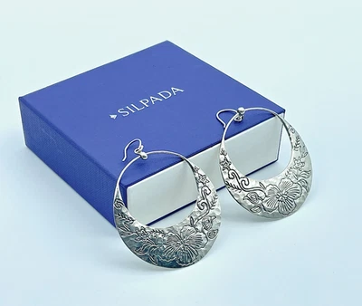 Vintage Silpada Sterling Silver Etched Flower Basket Hoop Wire Earrings, W2378 - Image 1 of 4