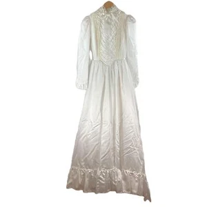 Vintage 1970's Edwardian Style White Satin Wedding Dress with Train UK 10 - Picture 1 of 9