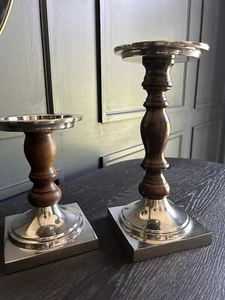 2 Pottery Barn Baxter Silver & Wood Pillar Holders - Picture 1 of 6