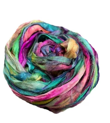 Recycled Sari Silk Ribbon Yarn -Violet ,Pink ,Green, yellow -50 GMS - Boho Ribbo - Image 1 of 4