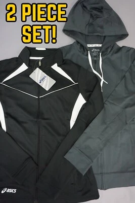 *2 PIEZAS* Niñas ASICS Chaqueta Grande con Cremallera NEGRA y Cremallera Sudadera con Capucha GRIS~ Conjunto Talla L #127 Foto 1 de 4