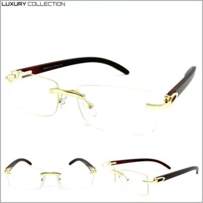 全新 男式 经典 精致 透明镜片 眼镜 无框 木框 — 第 1/4 张图片