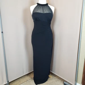 Lauren Ralph Lauren Evening Gown 14/12 Black Halter Dress Sheer Overlay Vamp - Picture 1 of 18