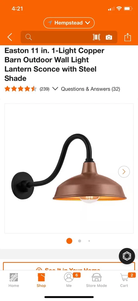 Arandela de aço Hampton Bay Easton 11" 1 luz celeiro de cobre para área externa - Imagem 1 de 2