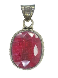 HANDMADE BEZEL SET OVAL CUT INDIAN RUBY STERLING SILVER PENDANT ~ 1 5/8" * 14.5g - Picture 1 of 15