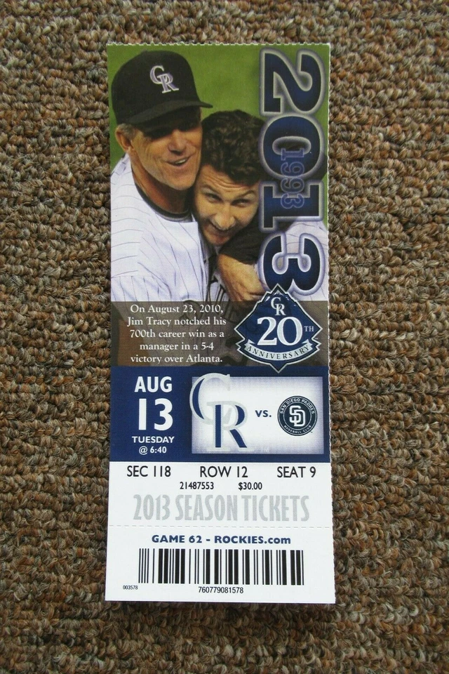 BOLETO COMPLETO COLORADO ROCKIES VS SAN DIEGO PADRES 13/08/2013 ~ HUNDLEY/GYORKO HRs Foto 1 de 1
