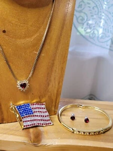 Vintage 4 Piece Patriotic Costume Jewelry Lot | Red, White & Blue Rhinestones - Picture 1 of 10