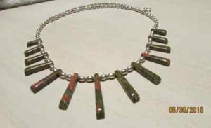 Unakite Tabs Strung on Sterling Silver Melon Beads 19" Long + - Picture 1 of 3
